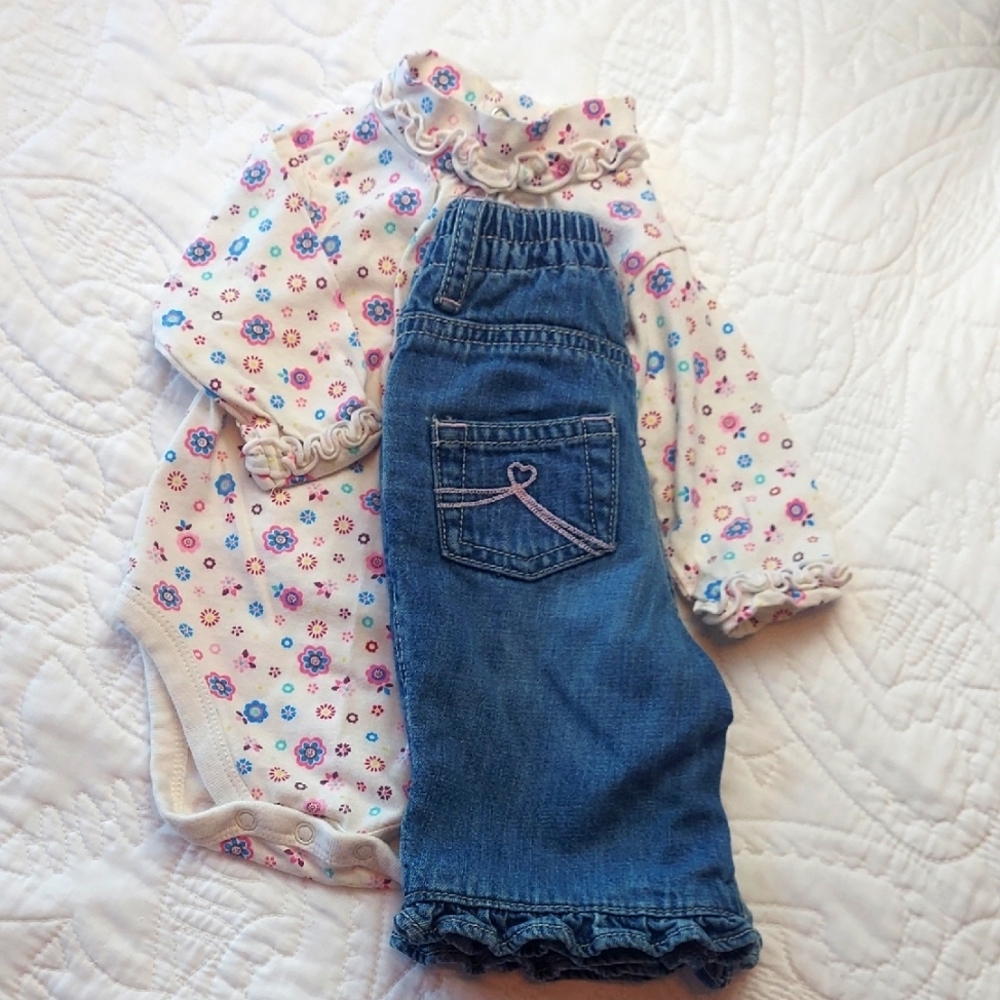 * The Children's Place Floral Print Baby Girl Bodysuit and Denim Jeans, 0-3 mos.